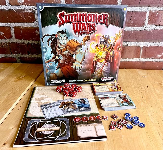 Summoner Wars Second Edition Starter Set – Phoenix Elves vs. Tundra Orcs – Tactical Dueling Card Game for 2 Players, Ages 9+ – Includes 68 Cards, Custom Dice, Battle Mat & Rulebook