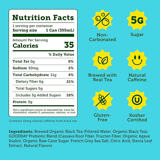 HALFDAY Prebiotic Sweet Tea Iced Tea Cans, Supports Digestive & Gut Health, 6g Plant Fiber & Prebiotics, 5g of Sugar, 35 Calories, Organic Tea, Natural Caffeine, Gluten Free, Keto, 12 fl oz (12 pack)