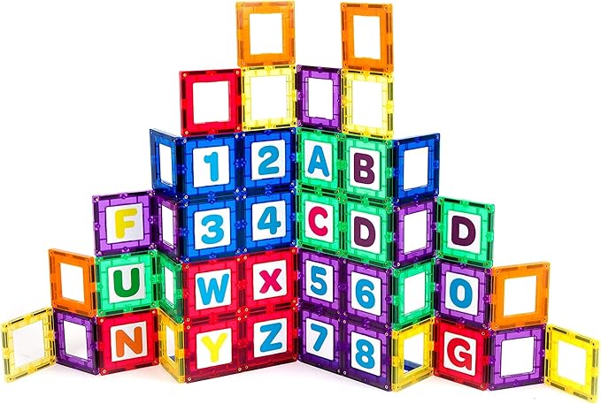 Playmags Magnetic Tile Building Set: Exclusive Educational Clickins 36-Pc. Kit: 18 Super Strong Clear Color Magnet Tiles Windows & 18 Letters & Numbers Stimulate Creativity & Brain Development