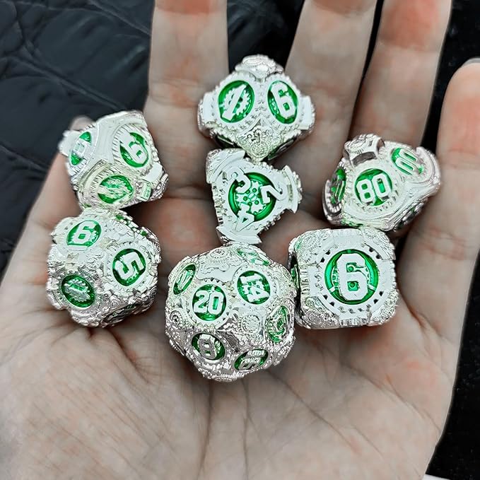 Geakeeper Construct D&D Dice, Metal DND Dice Set, 7Pcs Polyhedral Dragon Metallic D&D Dice with Gift Case for Dungeons and Dragon Game, RPG Role Playing Table Game Gifts (Green Silver)