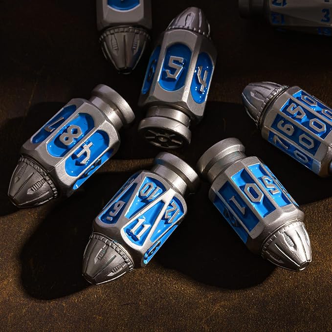 UDIXI Metal DND Bullet Dice Set with Unique Container, 7-Die Solid Metal Polyhedral Dice Set for D&D, Role Playing Game or Other Tabletop Games（Nickel Blue）