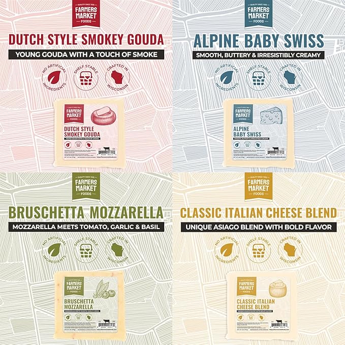 Farmers' Market Cheese Block Assortment 6oz 4-Pack, Shelf Stable, Pasteurized, Locally Sourced Wisconsin Cheese (Assortment, 4 Count)