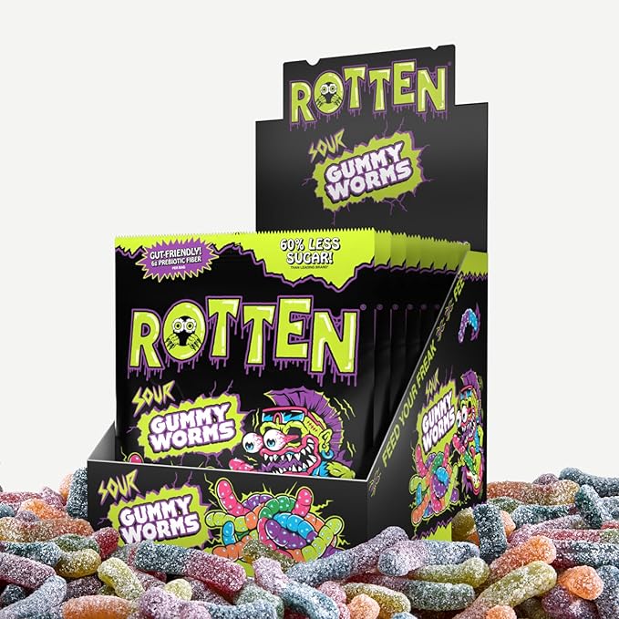 Rotten Sour Gummy Worms - Low Sugar, Low Calorie, 7g Gut-Friendly Prebiotic Fiber and 3g Protein, Gluten Free Candy - 1.8 oz - 8-Pack