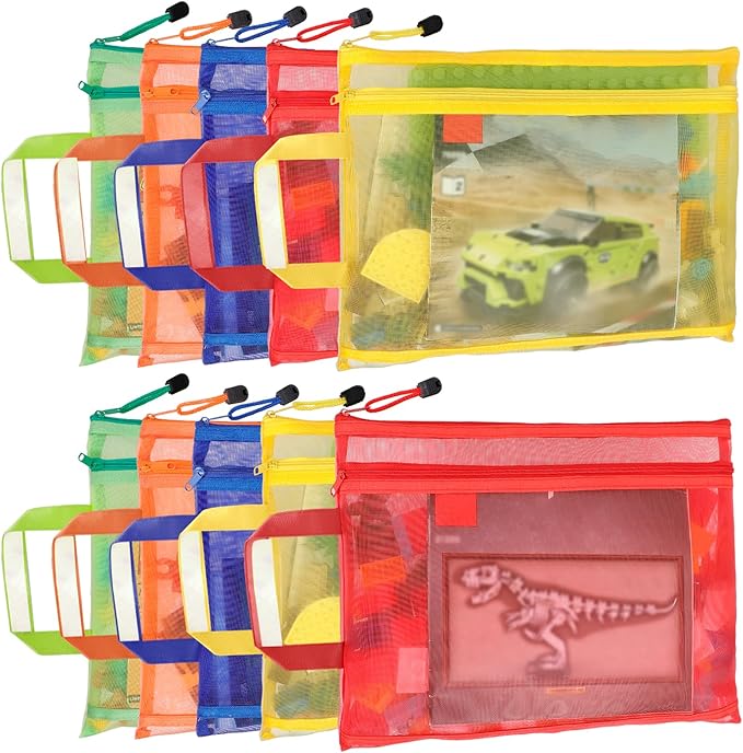 10 Pack 5 Color Mesh Zipper Pouch Bags, Nylon Puzzle Building Block Sets Toy Storage & Organization, Breathable See Through A4 Zipper Pouch with Handle for School Games