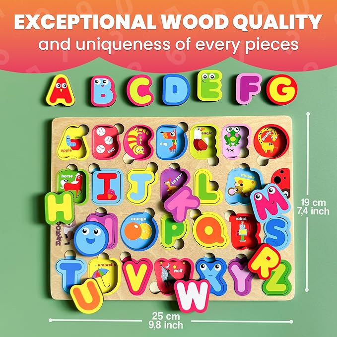 QUOKKA Montessori Alphabet Puzzle for Toddlers - Educational Wooden Toys for Kids Ages 3-5, Learning Letters and ABC Recognition, Preschool Activity Board for Fine Motor Skills and Learning Activities