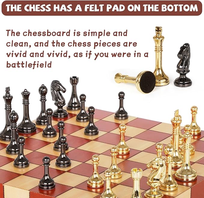 Metal Chess Set – Wooden Chess Board Set Travel Chess Sets,Metal Handcrafted Chessmen, Bonus 2 Extra Queens, Portable Classic Chess Game for Adults Family Board Game
