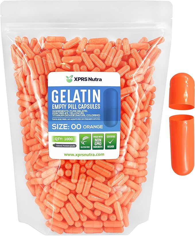 XPRS Nutra Size 00 Empty Capsules - 1000 Count Empty Gelatin Capsules - Pills DIY Capsule Filling - Fillable Pill Gel Caps for Do-It-Yourself Supplements (Orange)