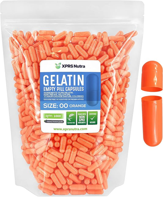 XPRS Nutra Size 00 Empty Capsules - 1000 Count Empty Gelatin Capsules - Pills DIY Capsule Filling - Fillable Pill Gel Caps for Do-It-Yourself Supplements (Orange)