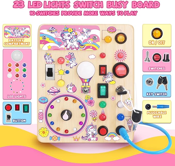 Unicorn Busy Board, Montessori Wooden Toddler Toys, Sensory Travel Toys, Ideal Gift for 1+ Year Old Girls (Unicorn Busy Board Plus V2)