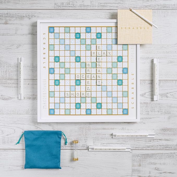 WS Game Company Scrabble Bianco Edition with Rotating Wooden Game Board