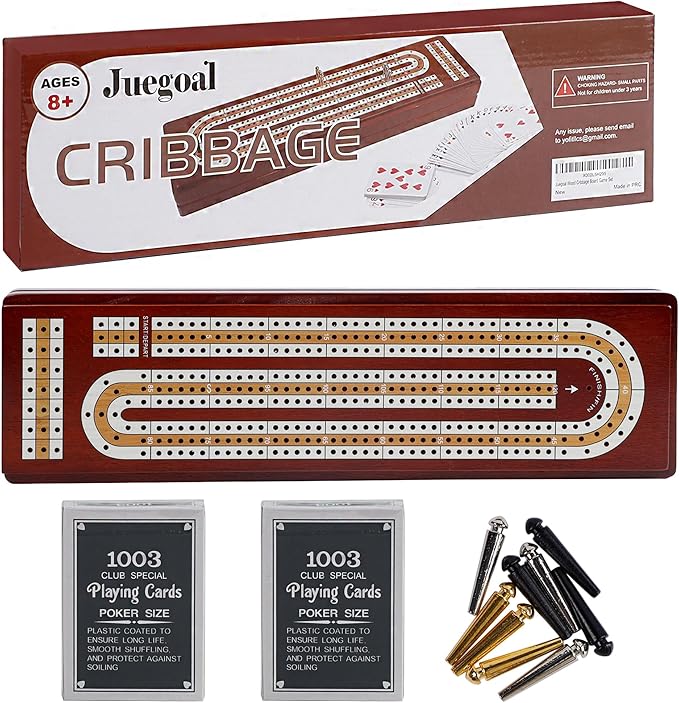 Juegoal Upgrade Wood Cribbage Board Game Set, Solid Wooden Continuous 3 Track Board with Larger Storage Area, 9 Metal Pegs and 2 Decks of Playing Cards, Travel Portable Cribbage Game Sets