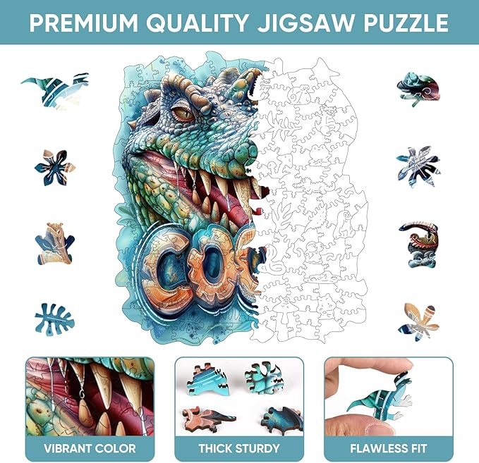 Wooden Puzzles for Adults, Cool Crocodile Jigsaw Puzzles 200 Pieces Animal Unique Shaped Wood Cut Puzzle Gifts for Adults and Kids, Family Puzzle Games, Medium Size