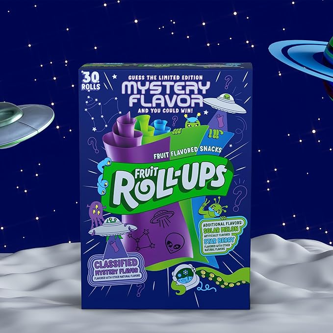 Fruit Roll-Ups Fruit Flavored Snacks, Mystery Flavor, Solar Melon, and Star Berry, 30 ct