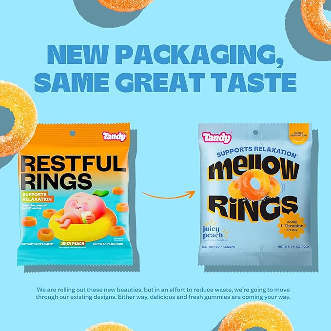Tandy Mellow Melons & Mellow Rings L-Theanine Gummies I Relaxation Gummy with Watermelon & Peach Flavors I Calming Gummies for Adults I Gluten-Free Fast-Acting Dietary Supplement Gummy I 6-Pack