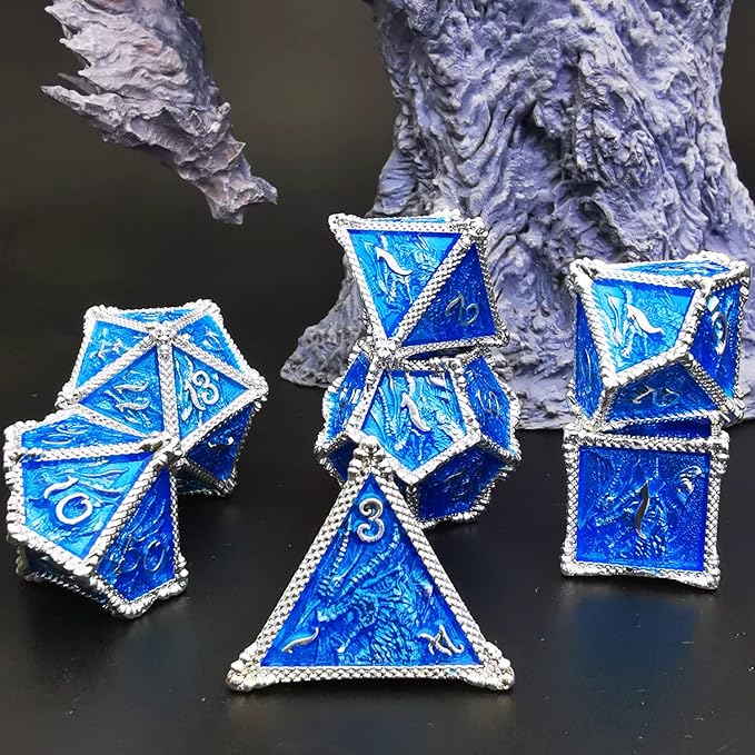HAOMEJA Metal Dragon Dice Set DND 7 Set Dice Role Playing Dice D&D Dungeons and Dragons (Silver Blue)