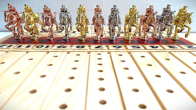 Racing Game for Adults With 11 Luxurious Metal Horses (Silver, Black, Rose Gold), 16" Pine Wood Race Game Board, Dice & Card Included (Log Color)