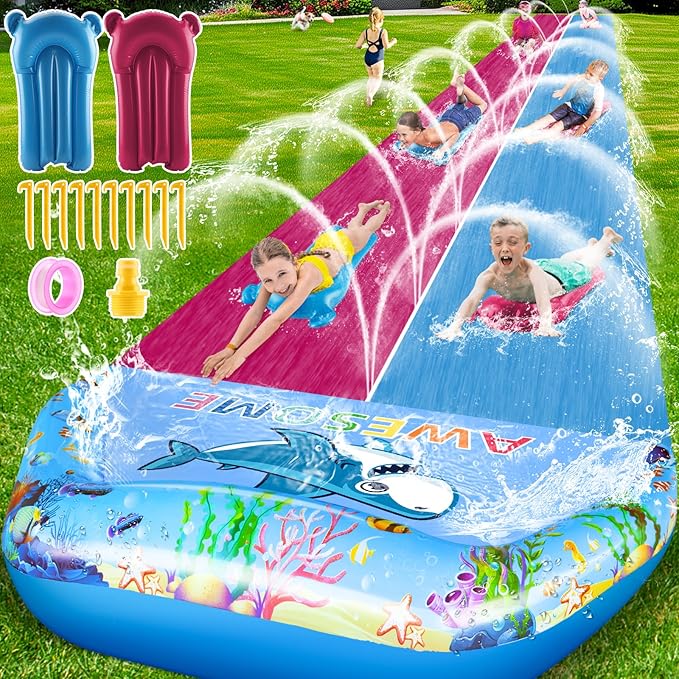 VEEST 33 FT Extra Long Water Slides for Kids Adults, Giant Double Lawn Water Slip Heavy Duty with 2 Bodyboards, Summer Water Slides with Crash Pad for Backyard Outdoor
