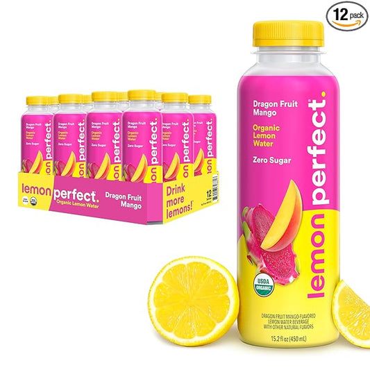 Lemon Perfect Dragon Fruit, Flavored Lemon Water, Organic, Zero Sugar, Healthy Hydration Drinks, 15.2 fl oz Bottles (12-Pack)