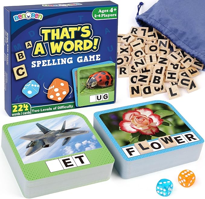 BenBen Spelling Games with 224 Flashcards, 2-4 Players, Learning Games for Kids Ages 4-8, Educational Toys for Kindergarten 1st 2nd 3rd Grade, Preschool Classroom Must Haves