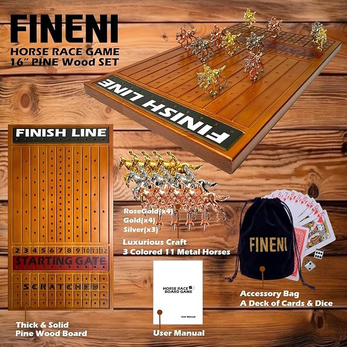 Horse Racing Game for Adults - 11 Luxurious Metal Horses (Silver, Black, Rose Gold), 16" Dark Pine Wood Race Board, Dice & Card Included (Dark Color)
