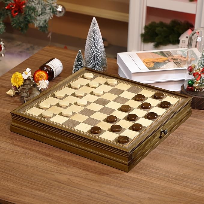 Peradix Magnetic Chess Checkers Board Sets with 2 Built-in Storage Drawers,15" Classic 2 in 1 Wooden Games with 2 Extra Queens for Kids and Adults,Travel Portable Chess Game Set