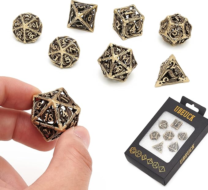 DND Dice,Hollow D&D Metal Dice,Dungeons and Dragons Dice Set with Gift Box,7 PCs Steampunk Polyhedral Dice Games Set for RPG,MTG,Pathfinder, (Dragon Ancient Bronze)