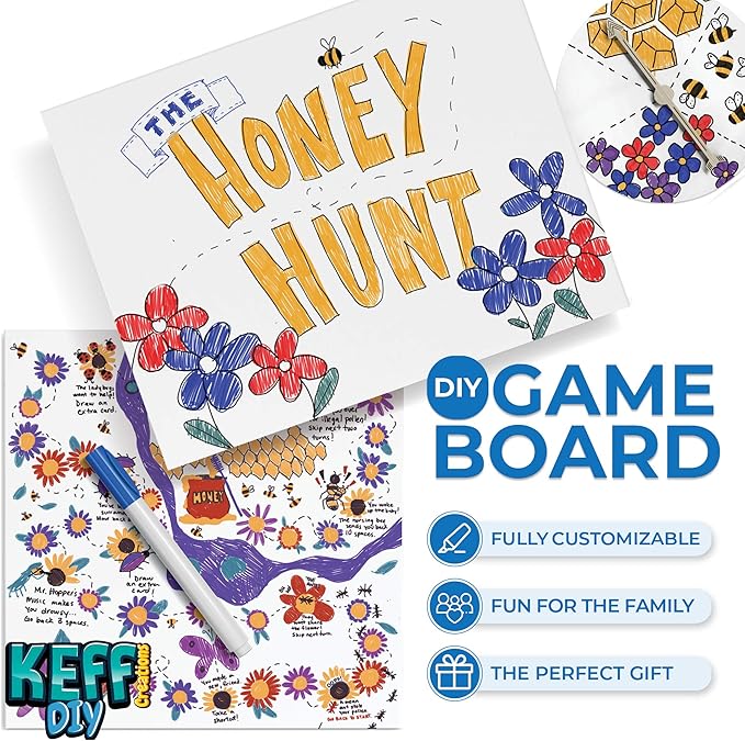 KEFF Make Your Own Board Game Set - DIY Blank Game Board Kit with Game Pieces, Blank Cards, Dice, Spinner, Pawns & More - Fun Family Board Games for Kids & Adults