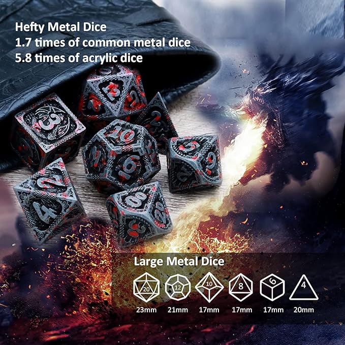 Haxtec Bloodstained Metal DND Dice Set - Antique Iron Blood Metal D&D Dice Set with Dragon Scale and Leather Dice Bag - Polyhedral Dice for Dungeons and Dragons TTRPG Gifts