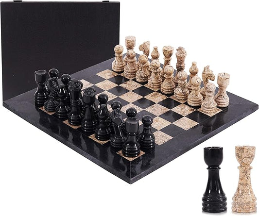 Marble Chess Set 15 Inch Handmade Black & Coral Board Game with Storage Box, Classic Travel Chess Set for Adults with Pieces & 2 Extra Queens, Elegant Gift & Home Décor
