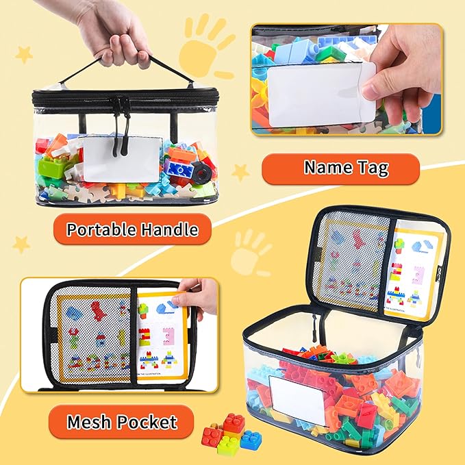 6 Packs Toy Storage Bags with Manual Pocket, Reusable Clear PVC Board Game Storage, Travel Waterproof Storage bag organizer with Zipper for Building Blocks, Board Game, Puzzle, Books