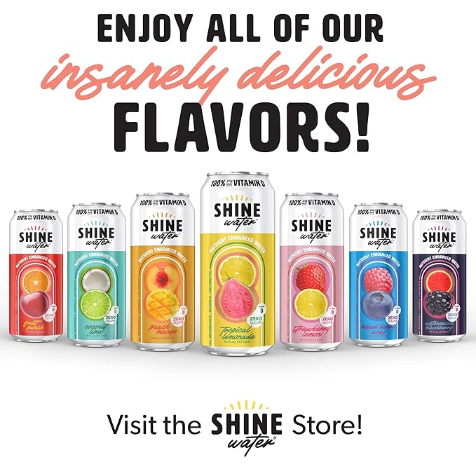 ShineWater Vitamin D Hydration Electrolyte Drink - Flavored water with electrolytes, Sugar-Free, Magnesium, Zinc, Vitamin B12, Plant-Based, Low Calorie - Tropical Lemonade Fruit Water 12 Pack