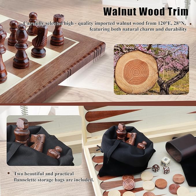15.7 Inch Backgammon Sets, 3 in 1 Premium Wooden Game Sets,Including Checkers, Chess, and Backgammon for Adults and Kids