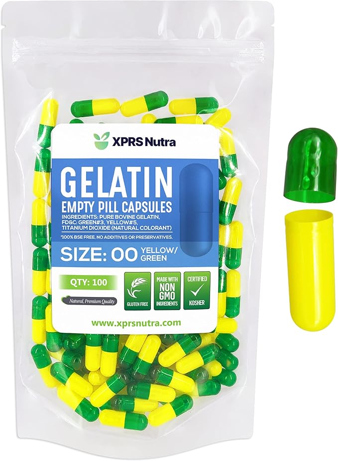 XPRS Nutra Size 00 Empty Capsules - 100 Count Empty Gelatin Capsules - EPills DIY Capsule Filling - Fillable Pill Gel Caps for Do-It-Yourself Supplements (Green/Yellow)