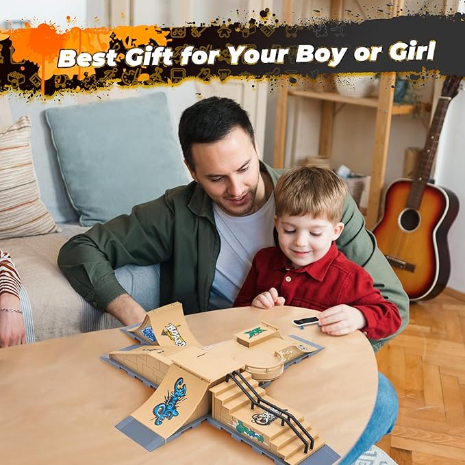 Finger Skateboards Ramp Set, 6 in 1 Fingerboard Skatepark Deck with 6 Ramps, Fingerboard Half Pipe Ramp for Kids Adults Fingerboard Training Props Interactive Freestyle Skate Game, Yellow