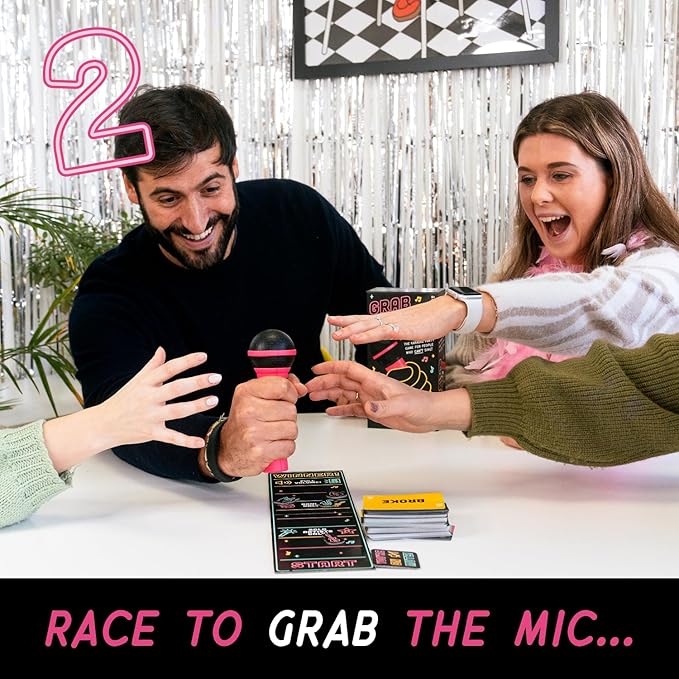 Lucky Egg Official Grab The Mic – Family Karaoke Game, 8+ Year Olds, 2-10 Players - Board Game for Bad Singers with 250 Lyrics (125 Cards) for Hilarious Game Nights & Birthday Party, Kids Gift