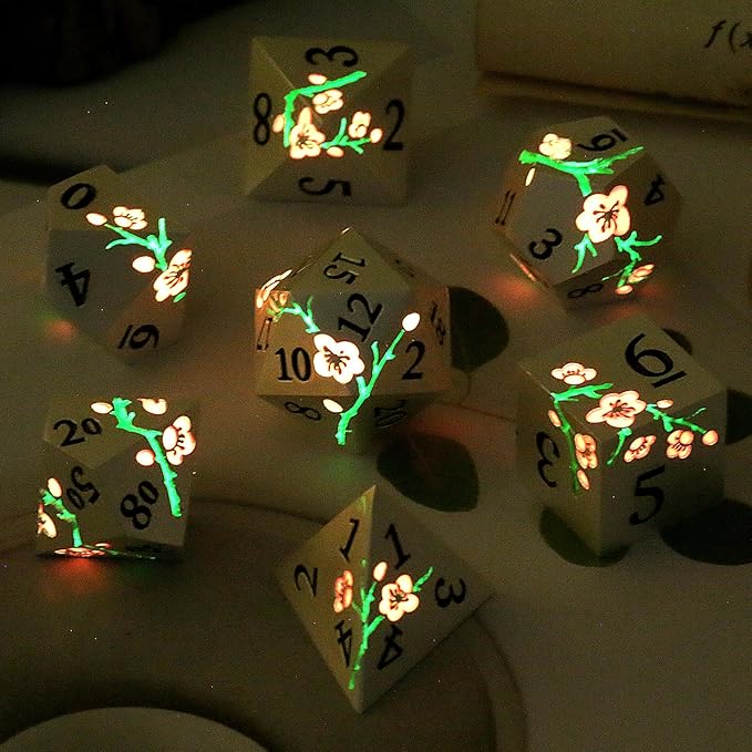 Metal DND Dice, DNDND 7 PCS Glow in The Dark Metallic D&D Dice Set with Gorgeous Gift Case for Dungeons and Dragon Tabletop Game (Glow in The Dark Pink)