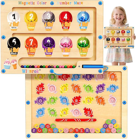 2 in 1 Double Side Magnetic Color and Number Maze, Montessori Magnetic Alphabet Maze Board Toys 3-5 Years Old, Wood Magnet Puzzle Learning Counting Matching Toys for 3 4 5 Todders Kids Girls Boys