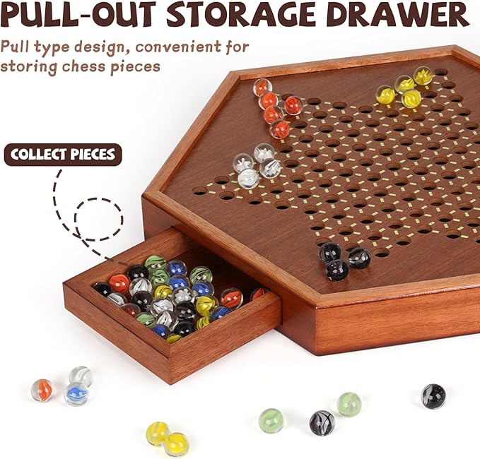 Luxurious Large 15-Inch Chinese Checkers Set - Premium Wooden Board Game for Adults and Kids with 72 Vibrant Glass Marbles, Dual-Sided Storage Drawer - Perfect for Family Strategic Game Fun Collectors