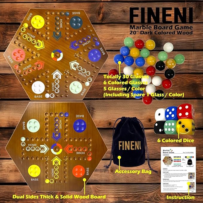 Wooden Board Games, Marble Board Game Original with Dual Sides Fast Track Board Game for 2 to 6 Players, Double Side Marble Game, 6 Colors 30 Marbles Set and 6 Color 6 Dice,Pouch (20" Dark)