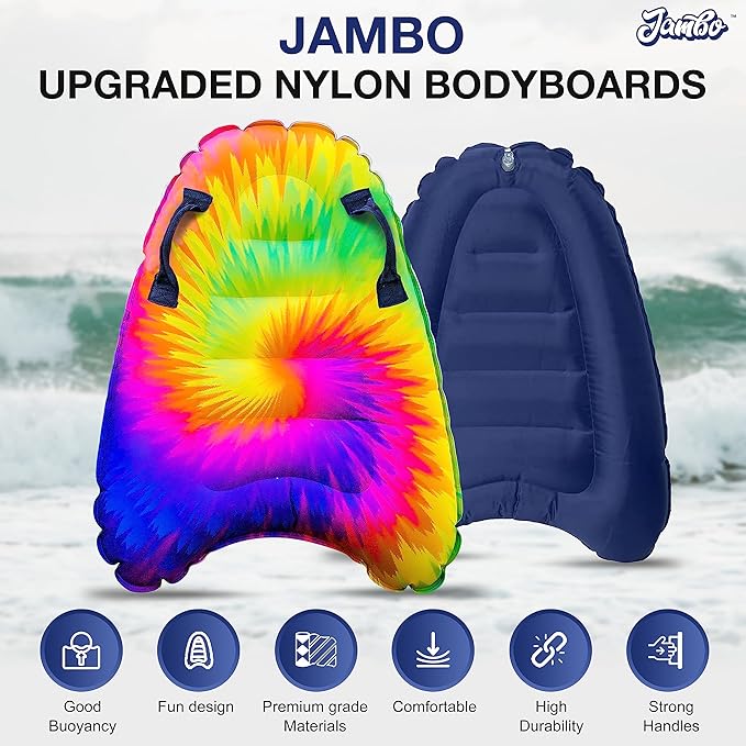 JAMBO Inflatable Surf Body Board with Handles, Boogie Board for Beach, Surfing Swimming Floating Surfboard Boards, Pool Floats Pool Beach Toy for Kids (Tie-Dye Bodyboard) - 1 Pack