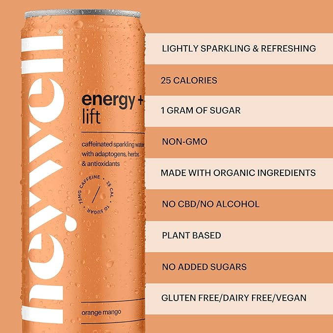 Heywell Sparkling Adaptogenic Water, Energy and Uplift, Orange Mango Flavor 12 Fluid Ounce (Pack of 12) - Non Caffeinated, Organic, Non GMO, Vegan, Gluten Free, Dairy Free