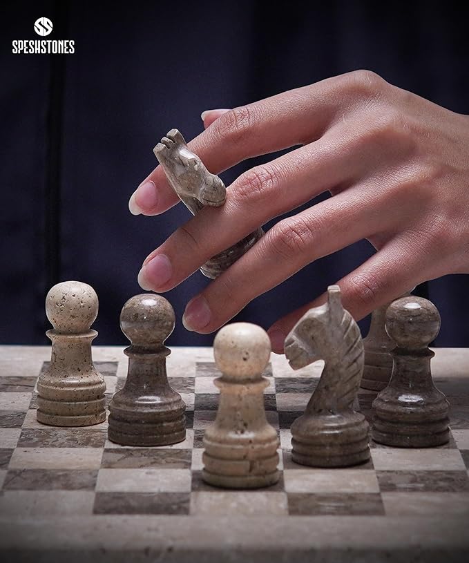 Marble Chess Set 12 Inch Handmade Travertine & Oceanic Board Game with Storage Box, Classic Travel Chess Set for Adults with Pieces & 2 Extra Queens, Elegant Gift & Home Décor