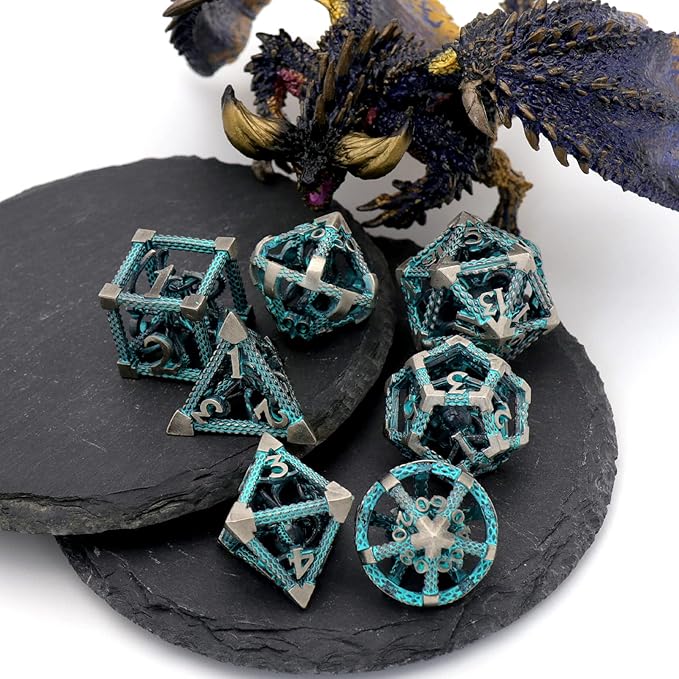 D&D Dice, Metal Polyhedral Dice Set Role Playing DND Dice for Dungeons and Dragons HNCCESG Hollow Cthulhu Dice for Table Game RPG MTG (Blue)