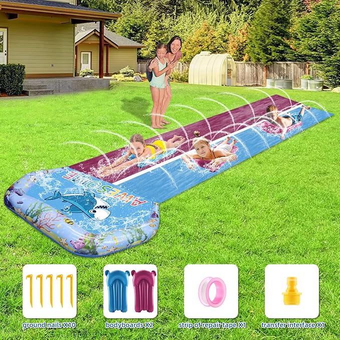 VEEST 33 FT Extra Long Water Slides for Kids Adults, Giant Double Lawn Water Slip Heavy Duty with 2 Bodyboards, Summer Water Slides with Crash Pad for Backyard Outdoor