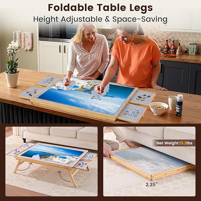 1500 Pieces Wooden Jigsaw Puzzle Board with Foldable Legs, 35"x26.8" Table with 4 Drawers and Protective Cover, Large Wood Folding Jigsaw Puzzle Table for Adults and Teens, Nature