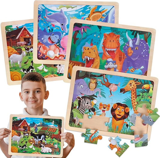 Jigsaw Puzzles Wooden Puzzles for Kids Ages 3-5 Preschool Educational Brain Teaser Boards Toddlers Toys Dinosaur Farm Zoo Sea World Gifts for 3 4 5 6 Year Old Boys Girls 4 Packs 24 Pcs
