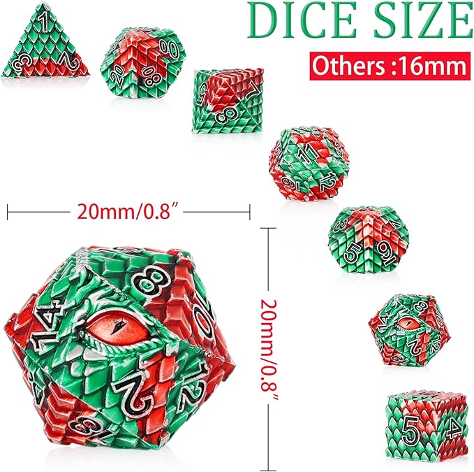 Metal Dice Set D&D,7 PCS Dragon Scale Metallic DND Dice Set,Dragon Eye Metal Dice with Gift Metal Box for Dungeons and Dragon Tabletop Game (Red Green Dragon Scale & Red Eye)