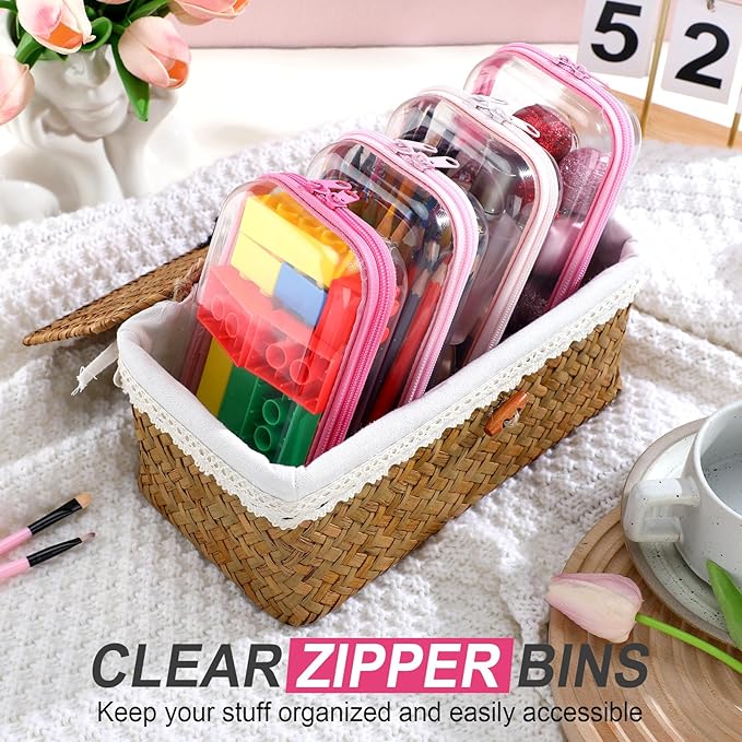 Hoolerry 4 Pcs Hard Clear Zipper Case Transparent Cases for Snacks Makeup Bag Plastic Storage Box Containers for Building Blocks, Puzzles, Cosmetics(Pink,7.5 x 3.9 x 2 in)