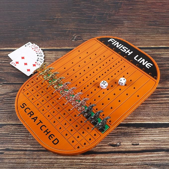 Horse Race Board Game Racing Game Thickened Solid Wood with 11 Luxurious Durable Classic Metal Horses with 4 Dice and 2 Boxes of Cards Horse Racing Game (Red Peach)…