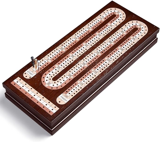 AMEROUS Wooden Cribbage Board Game Set with Magnetic Lock / 9 Metal Pegs / 2 Decks of Playing Cards/Larger Storage Area/Instruction, Classic Tabletop Game for Family (3 Track Board)